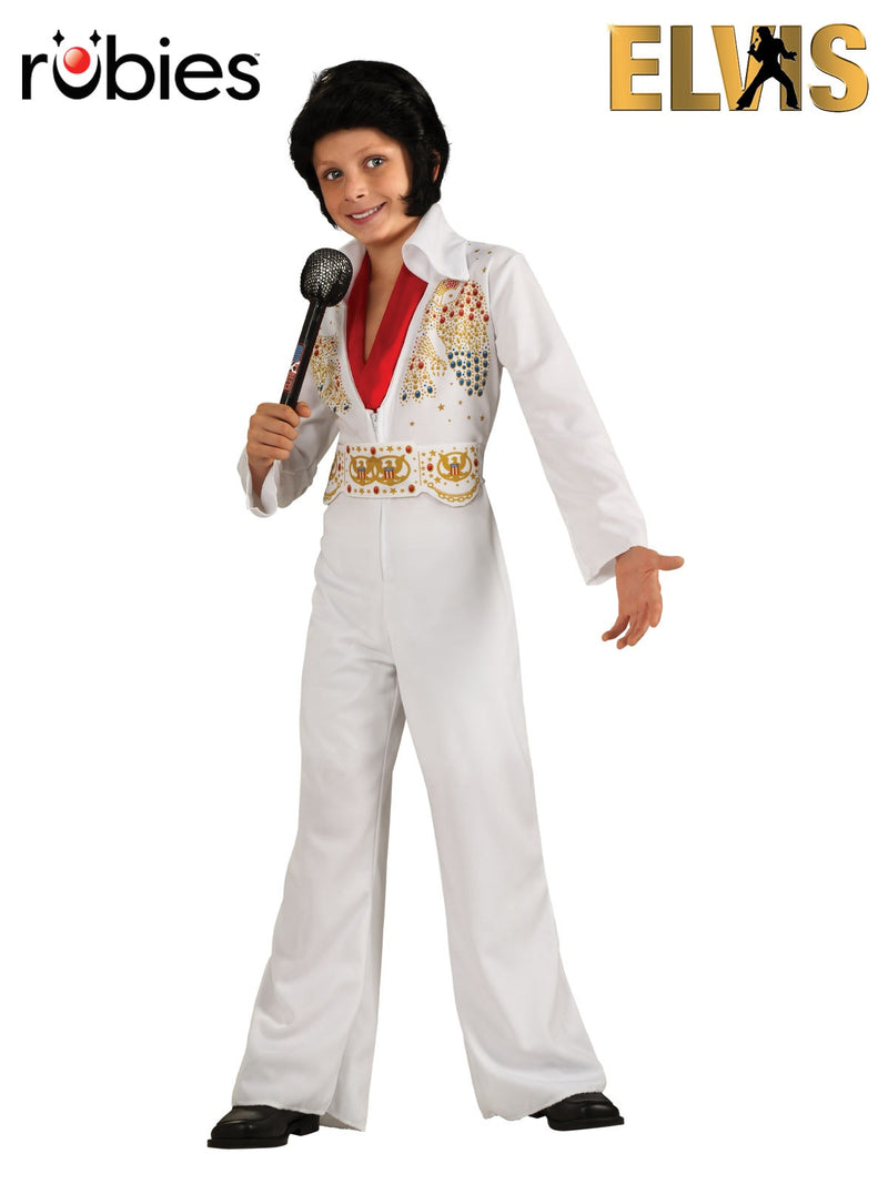 Kids Elvis Presley white jumpsuit costume with printed jewels and red scarf
