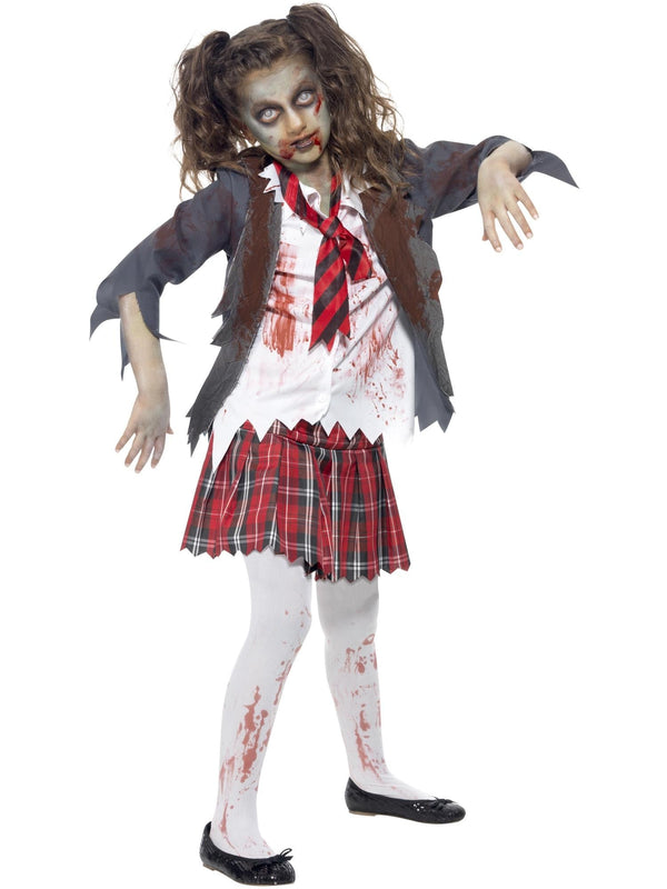 Kids zombie schoolgirl costume with grey jacket, tartan skirt, blood-stained shirt and torn tie