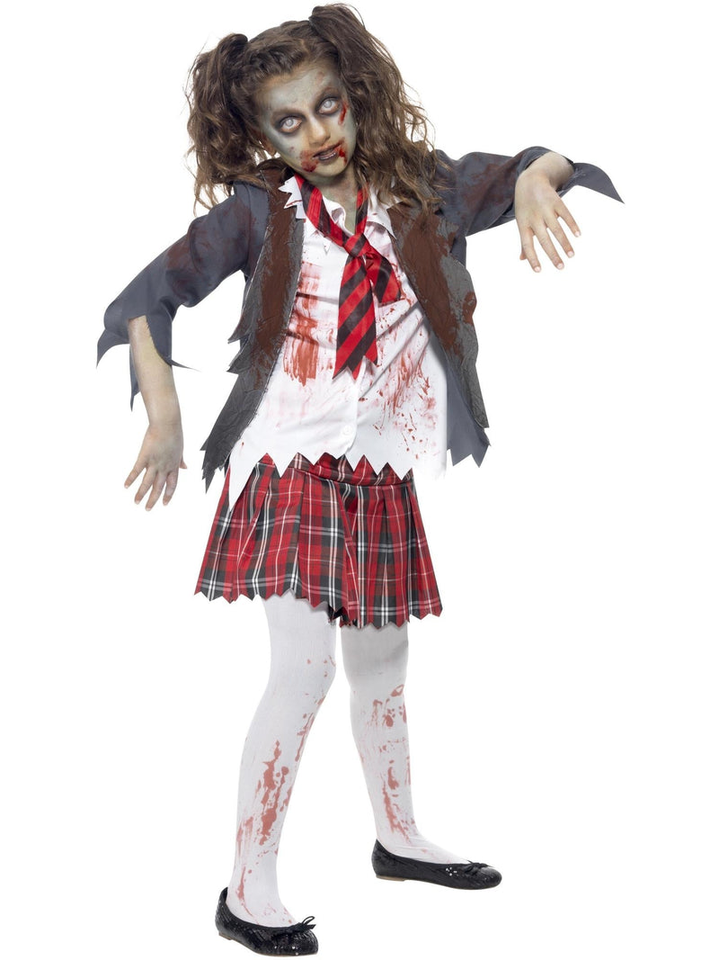 Kids zombie schoolgirl costume with grey jacket, tartan skirt, blood-stained shirt and torn tie