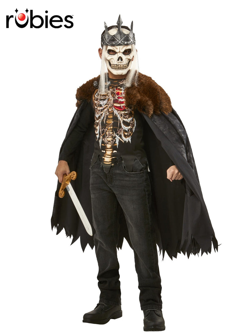 Kids skeleton king costume with printed ribs, tattered cape, and skull mask with silver crown