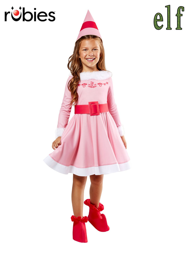 Kids Jovie Elf Costume pink dress with white faux-fur trim and red accessories