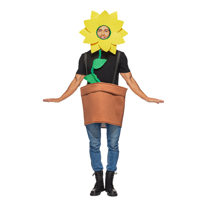Adult wearing yellow sunflower headpiece costume with brown flowerpot tabard, front view