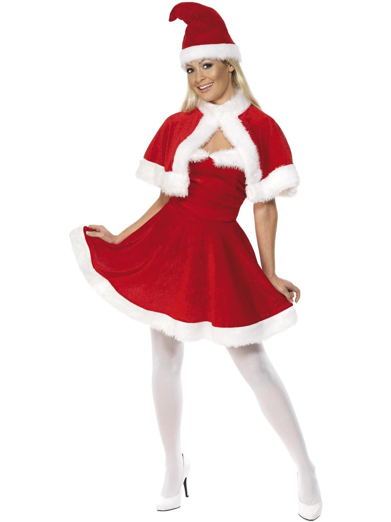 Womens Miss Santa Costume - red velour dress with white fur trim, matching capelet and Santa hat