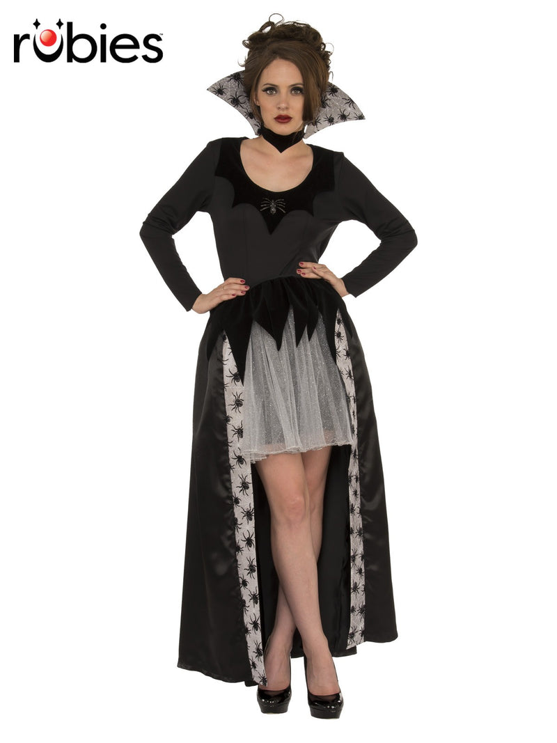 Womens Spider Queen Vampire Costume with dramatic upright collar and spider-print accents
