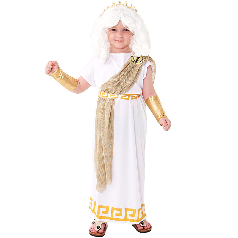 Kids wearing white Greek god toga costume with gold trim and laurel crown