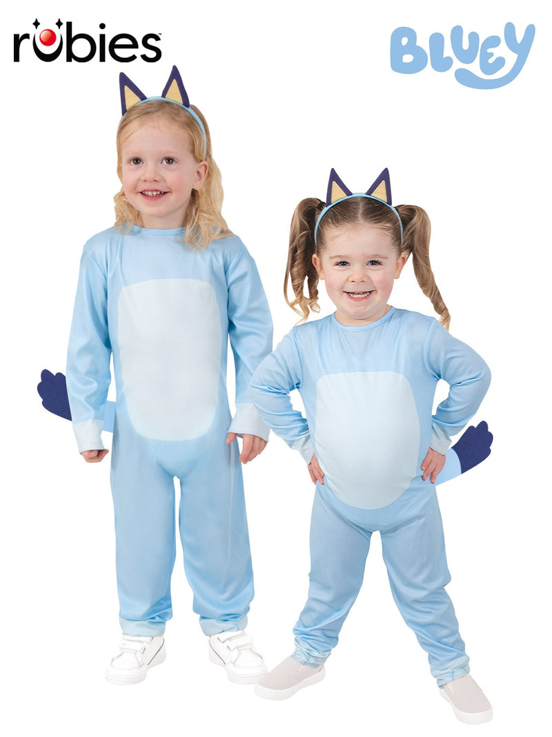 Toddler wearing Bluey costume with light blue jumpsuit, navy ears, and tail