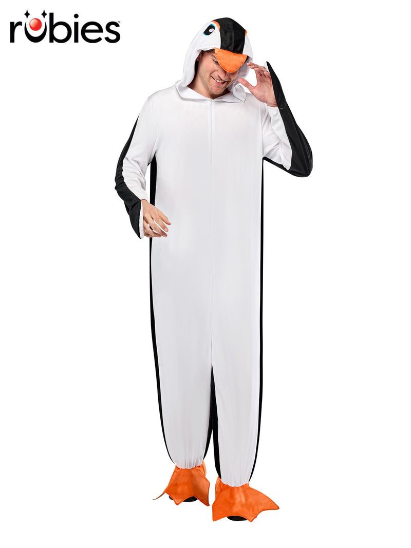 Adult wearing black and white plush penguin mascot costume with orange beak hood and webbed foot covers