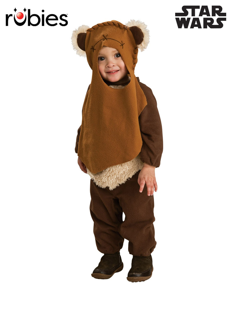 Toddler wearing brown Wicket the Ewok costume with hooded headpiece and rounded ears