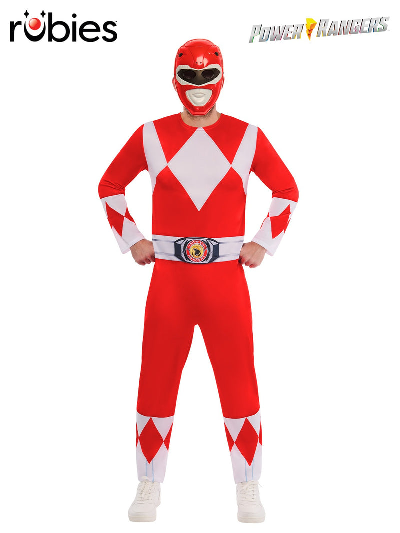Adult Red Ranger costume with red and white diamond jumpsuit and molded helmet mask
