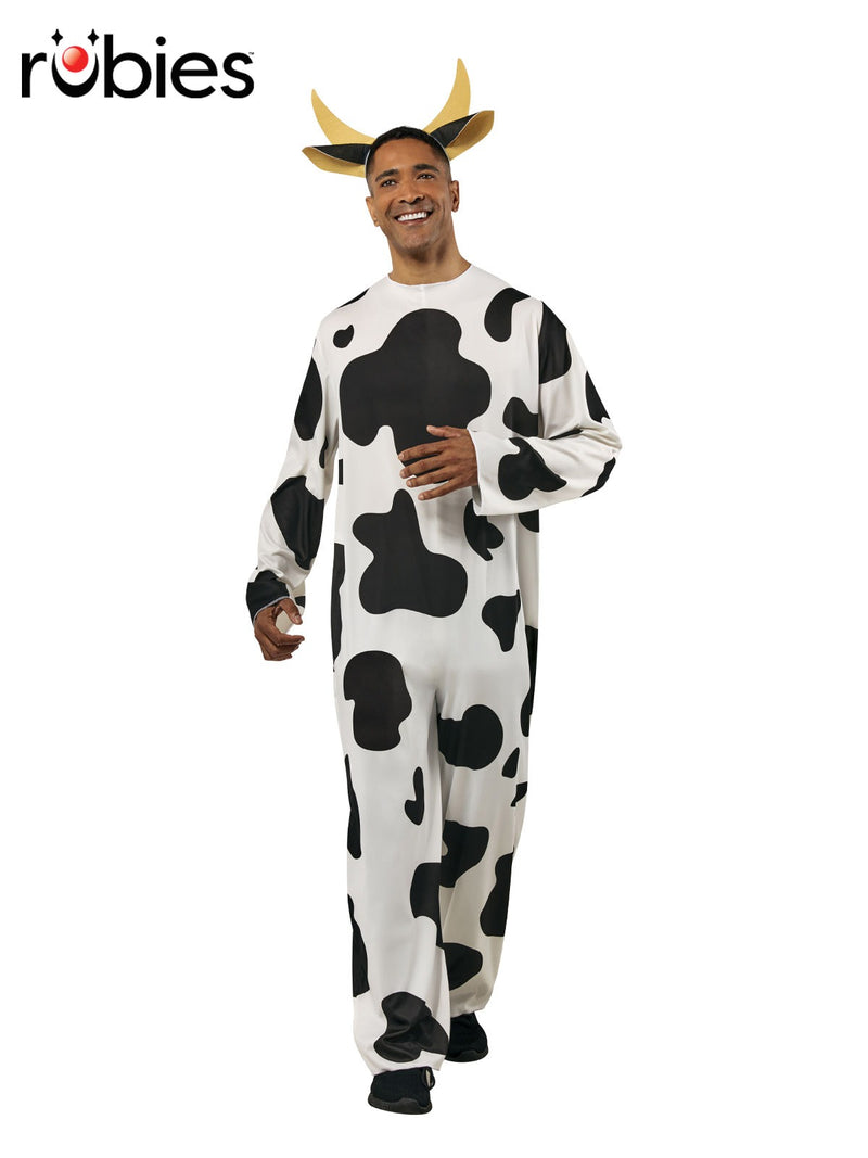 Adult cow onesie costume with black and white spots, tail, and horn headband on white background