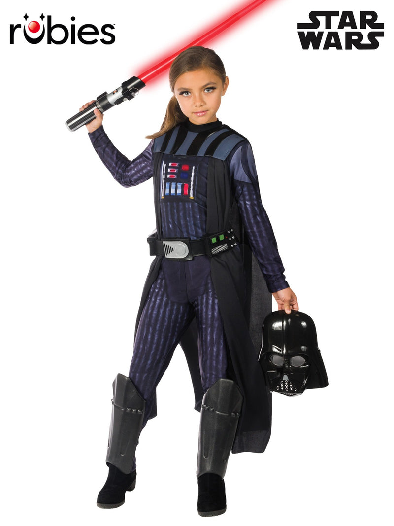 Kids Darth Vader costume full body view showing photo-realistic jumpsuit with 3D armor