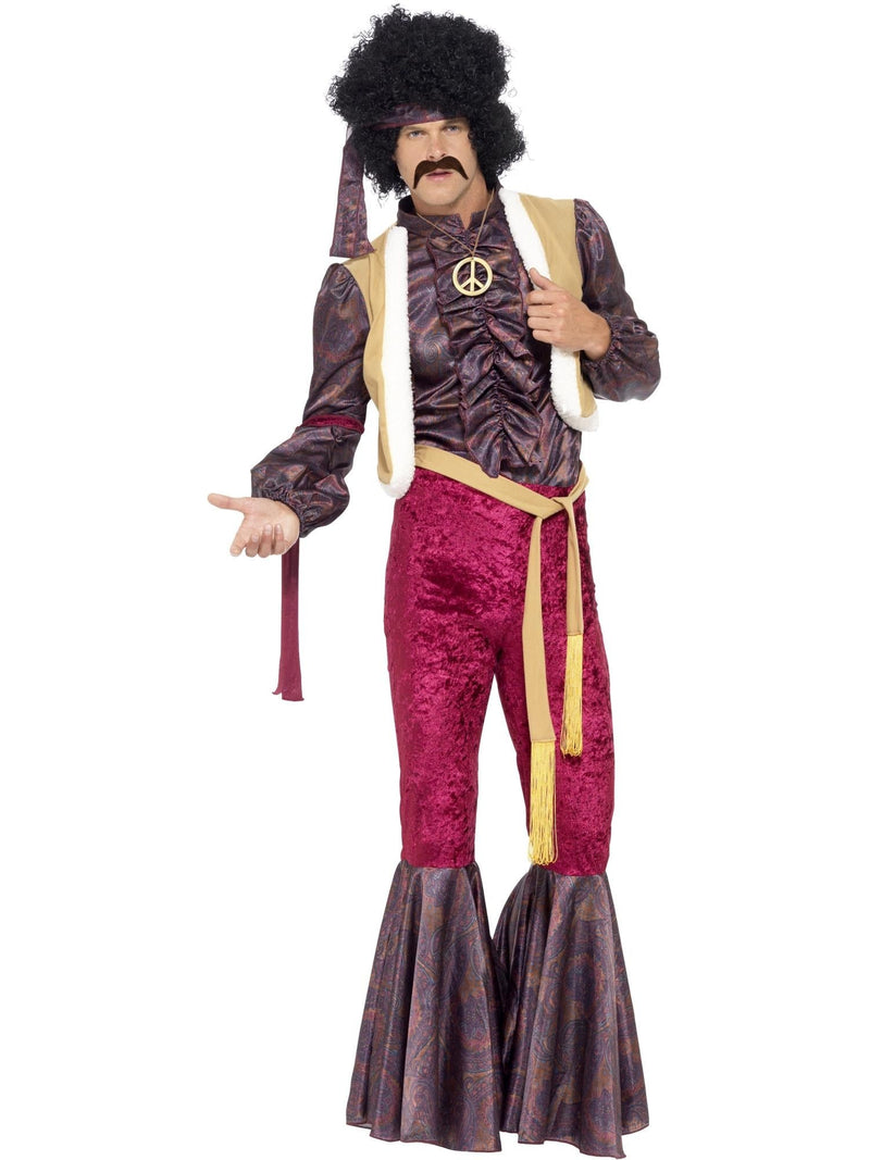 Mens 70s Psychedelic Rocker Costume with burgundy velveteen flares and paisley ruffled shirt