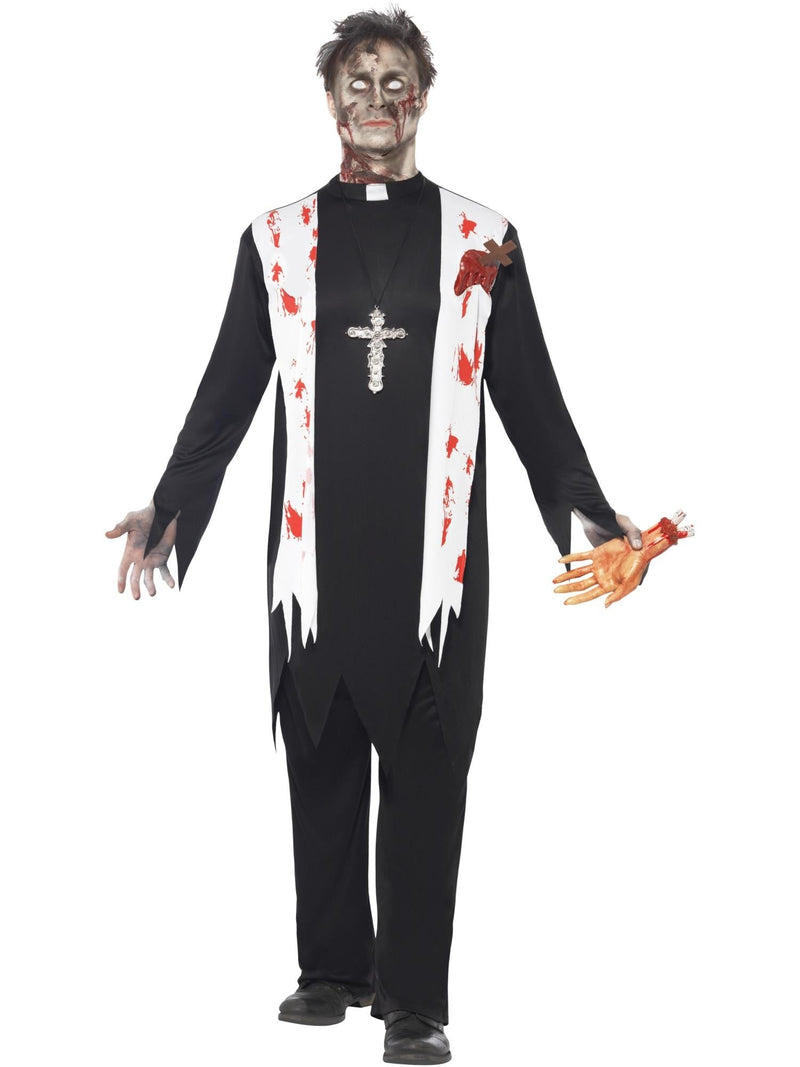 Mens zombie priest costume with blood-splattered white scarf and black tunic