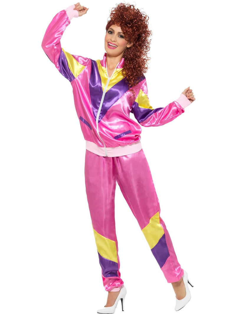 Womens 80s shell suit costume in hot pink with purple and yellow color blocking