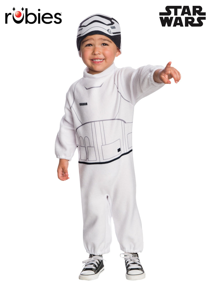 Kids Star Wars Stormtrooper fleece jumpsuit costume with printed armor detail and helmet beanie