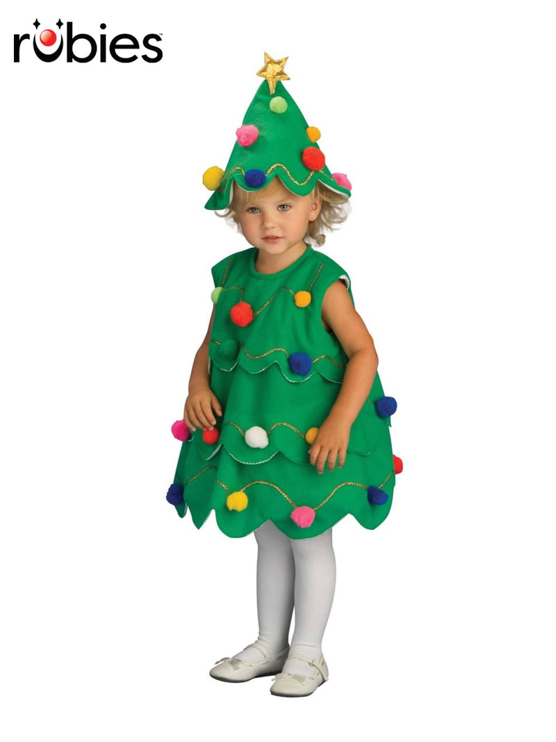 Kids Christmas tree costume with green felt dress and pom-pom ornaments