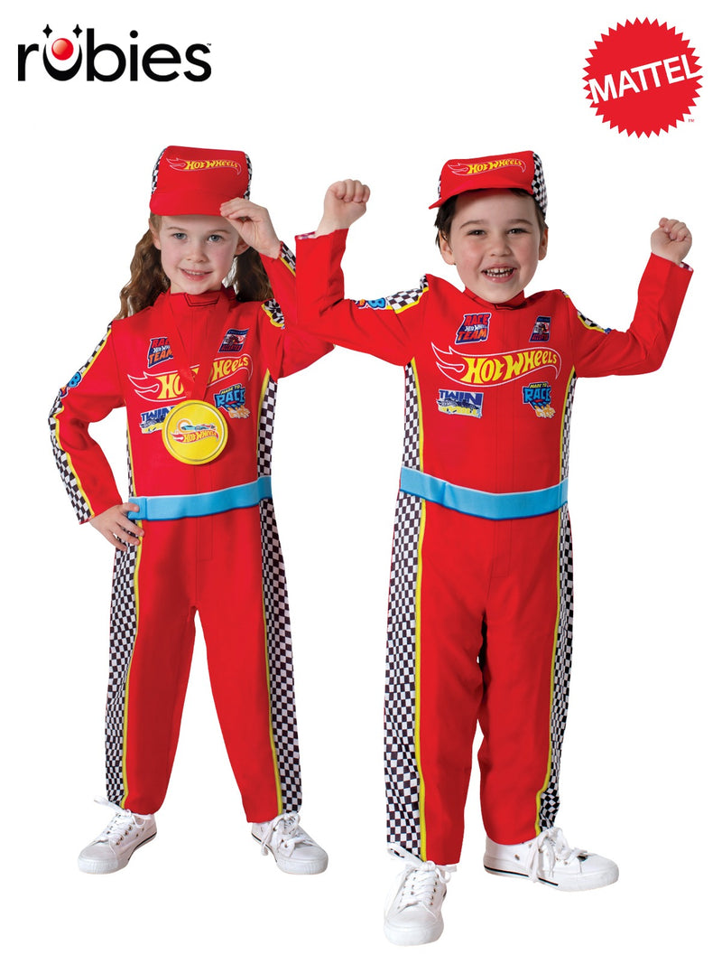 Kids Hot Wheels racing driver costume with red jumpsuit, flame logo and checkered flag stripes
