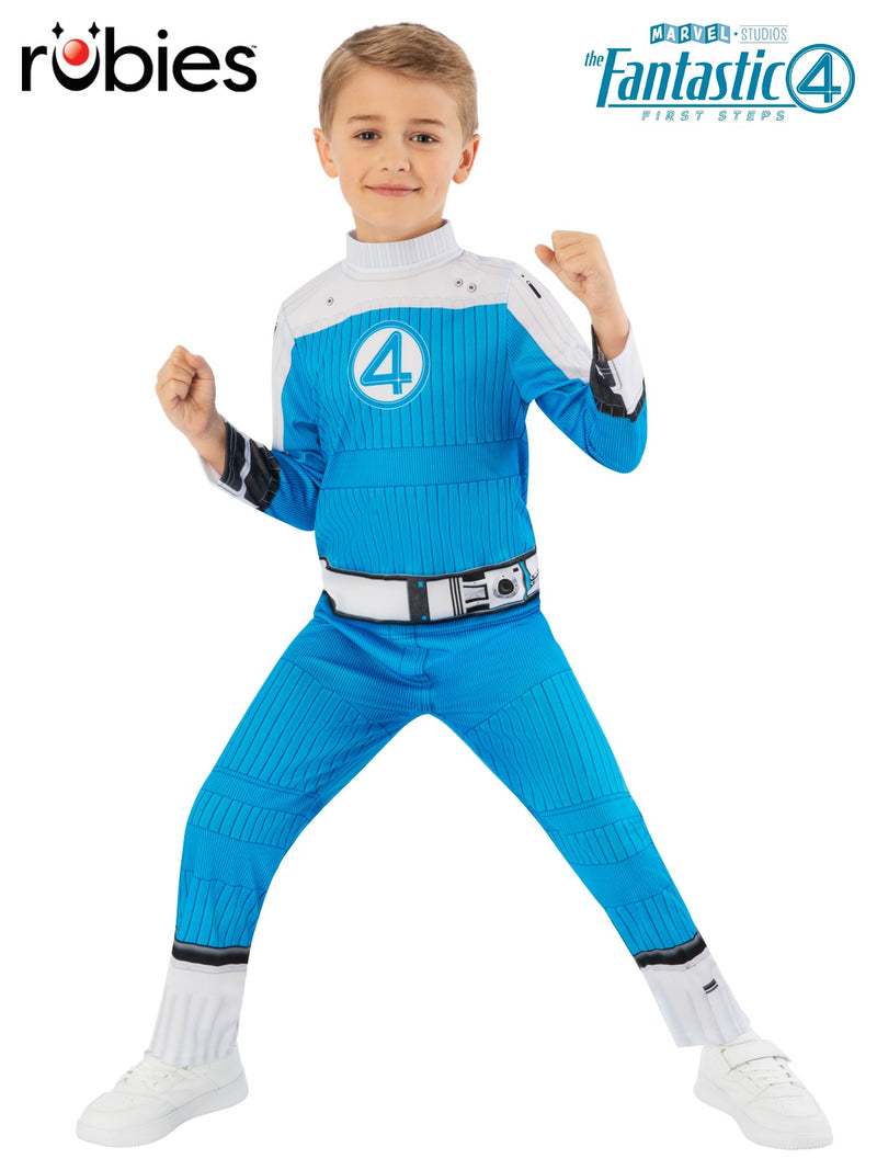Kids Human Torch costume jumpsuit in blue with white shoulder panels and 4 logo