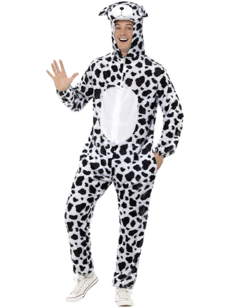Adult wearing white Dalmatian onesie costume with black spots and 3D hood, front view