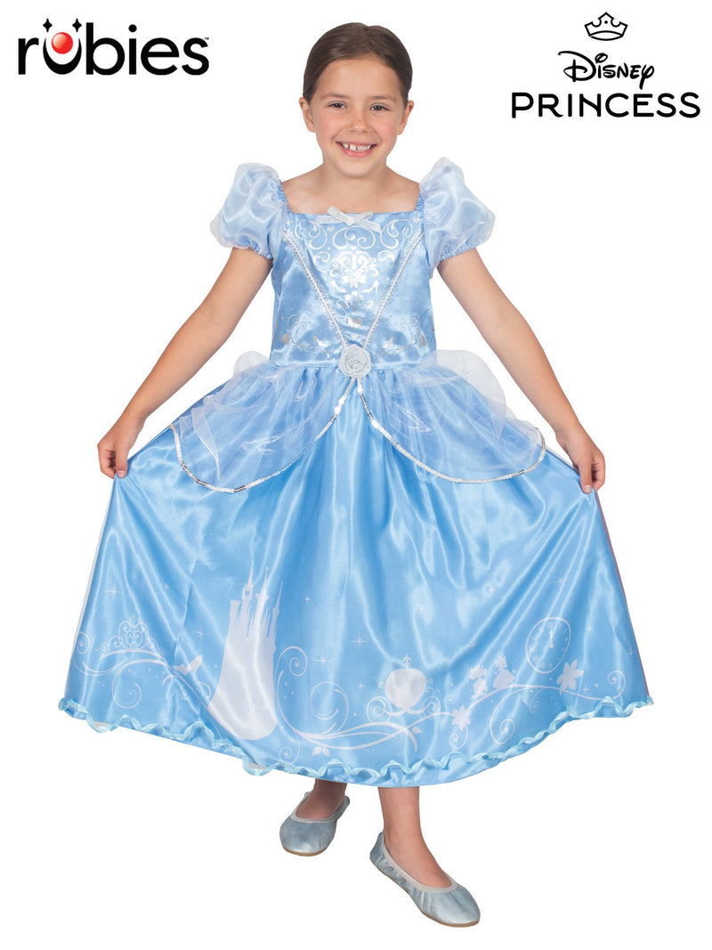 Kids Disney Princess Cinderella Costume - full-length powder blue ball gown with story-print hem