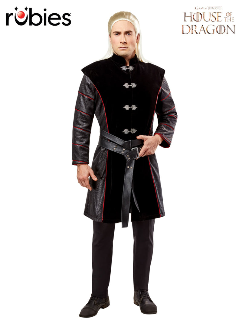 Adult Daemon Targaryen costume coat with high collar and dragon clasps, black velvet with red piping