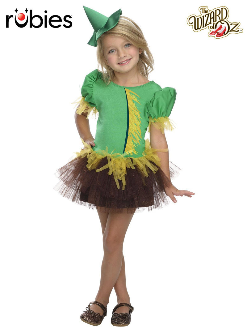 Kids Wizard of Oz Scarecrow tutu costume with green bodice, brown glitter tulle skirt and yellow fringe trim