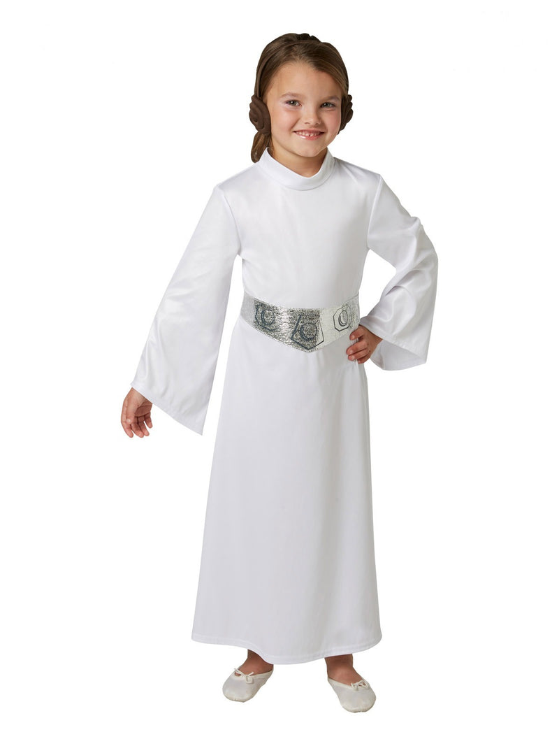 Child wearing white Princess Leia costume dress with hair bun headband and silver belt