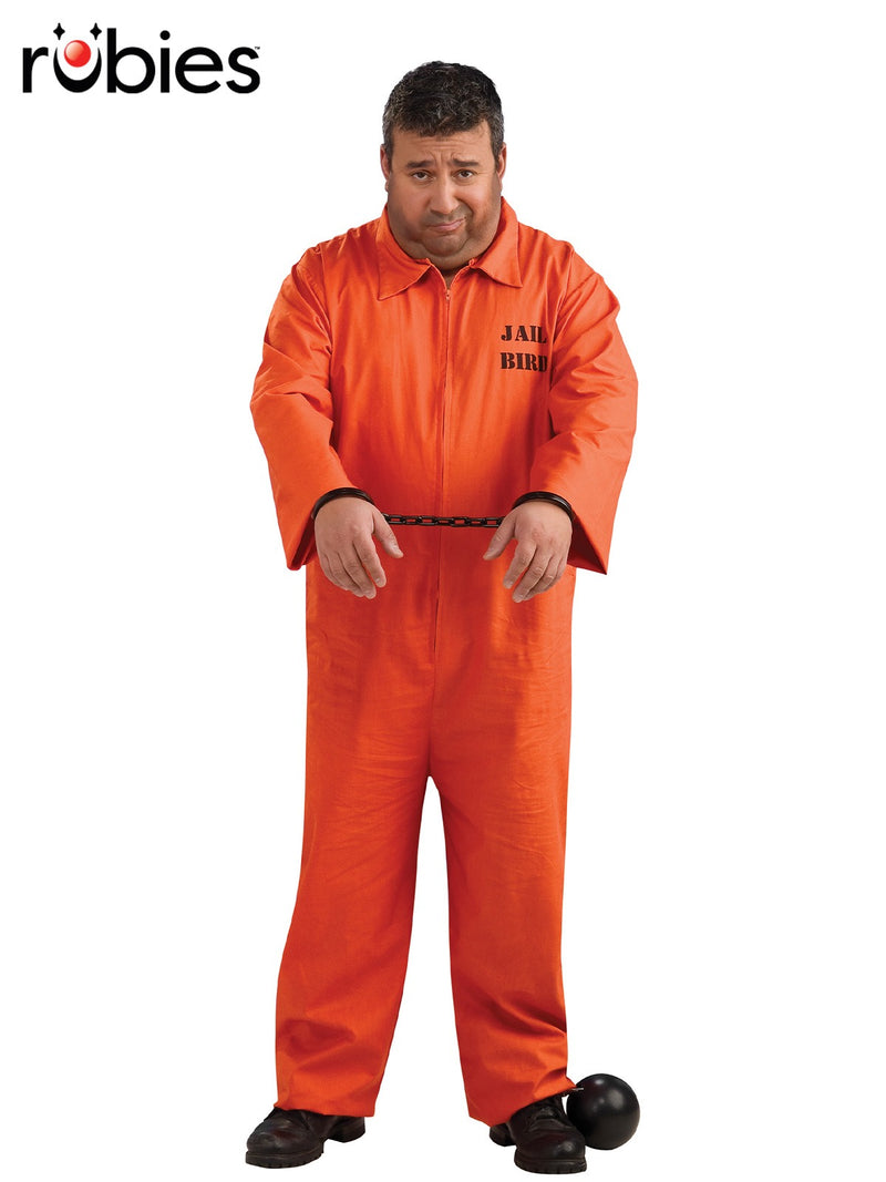 Adult plus size bright orange prisoner costume jumpsuit with Jail Bird chest print and Department of Corrections back text
