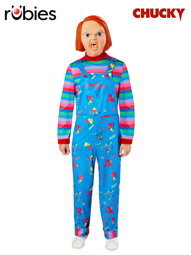 Adult Chucky costume with rainbow striped jumpsuit and Good Guys overalls print
