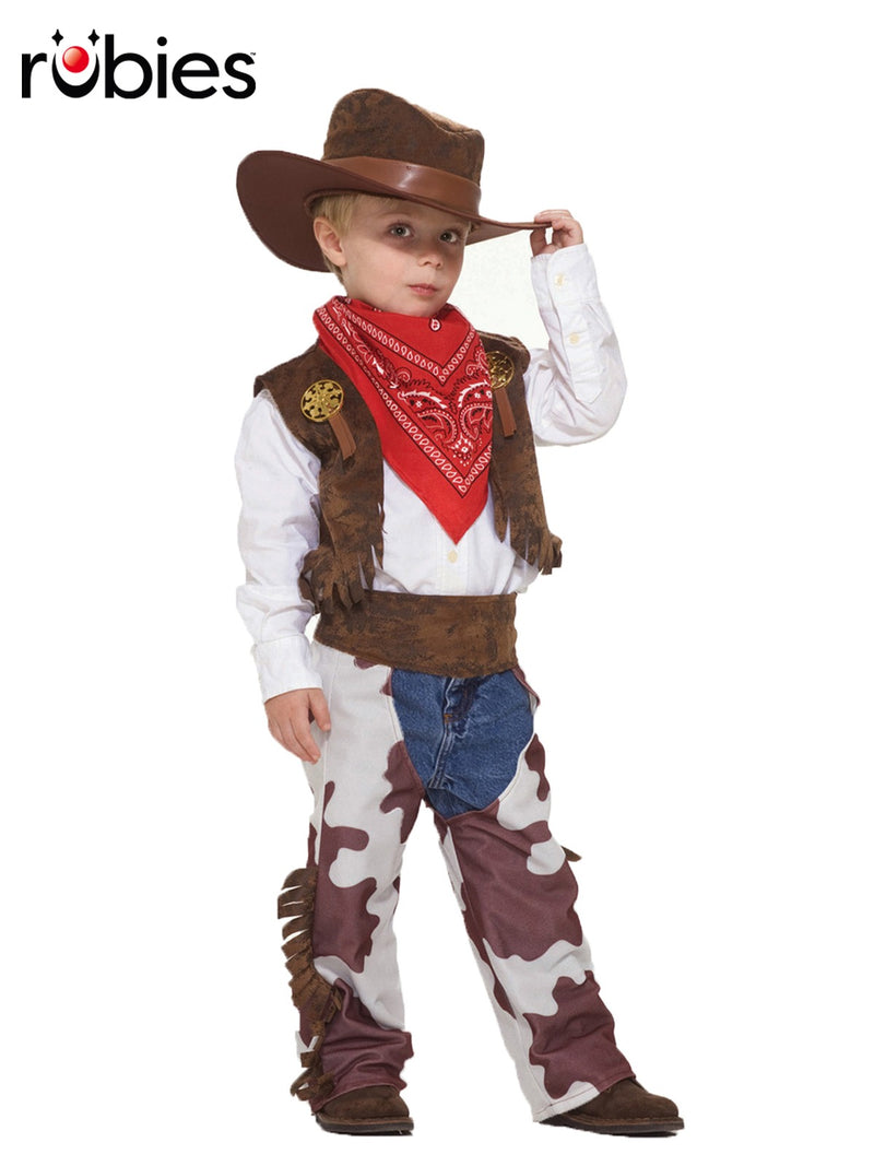 Kids Wild West Cowboy Costume with fringed vest, cowhide chaps, red bandana and foam hat