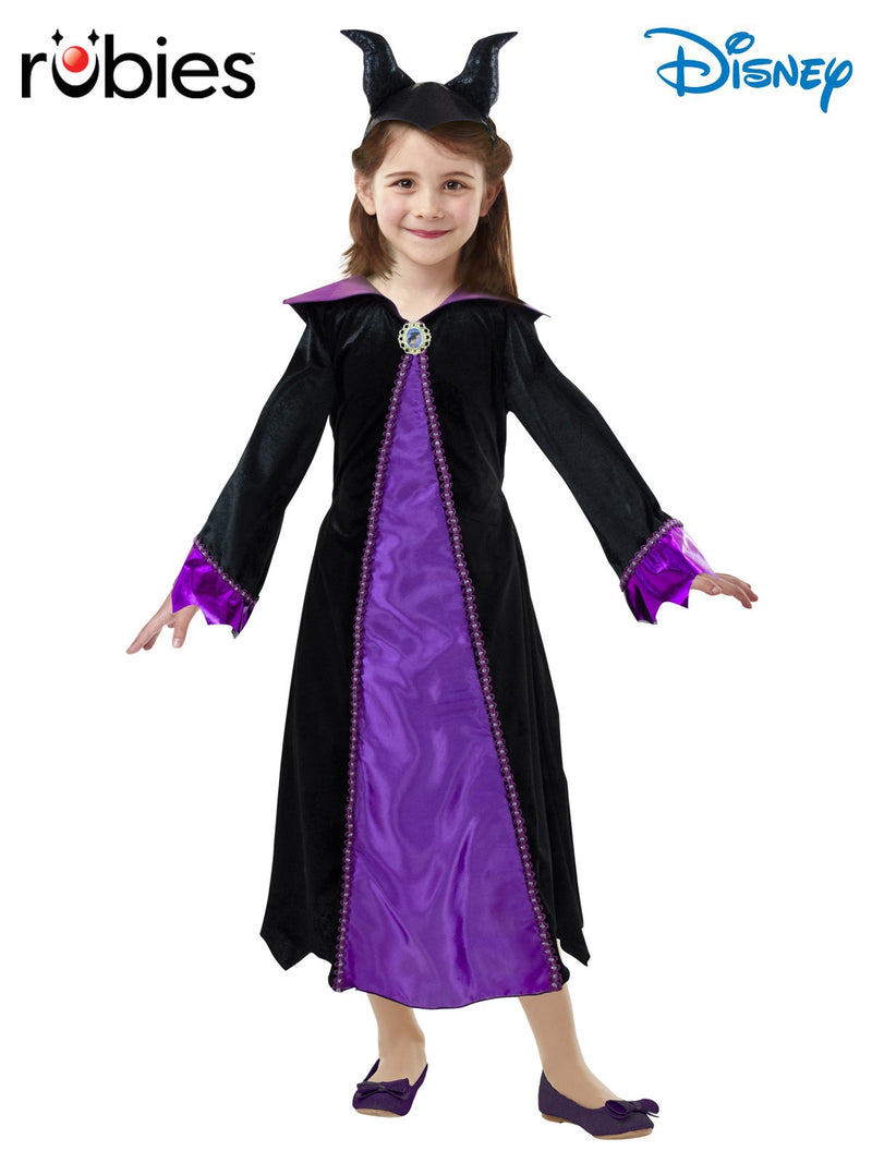 Kids Maleficent costume dress with dramatic purple standing collar and black horns headpiece