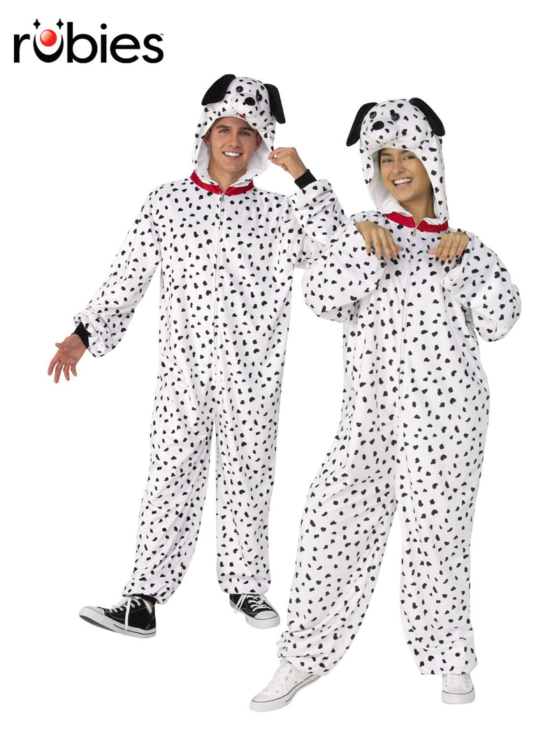 Adult wearing white plush dalmatian onesie with black spots and red collar, front view