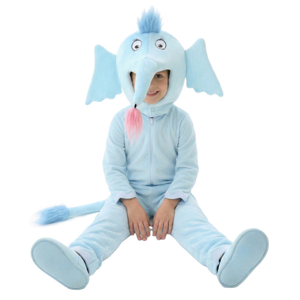 Kids blue elephant costume onesie with 3D trunk and floppy ears