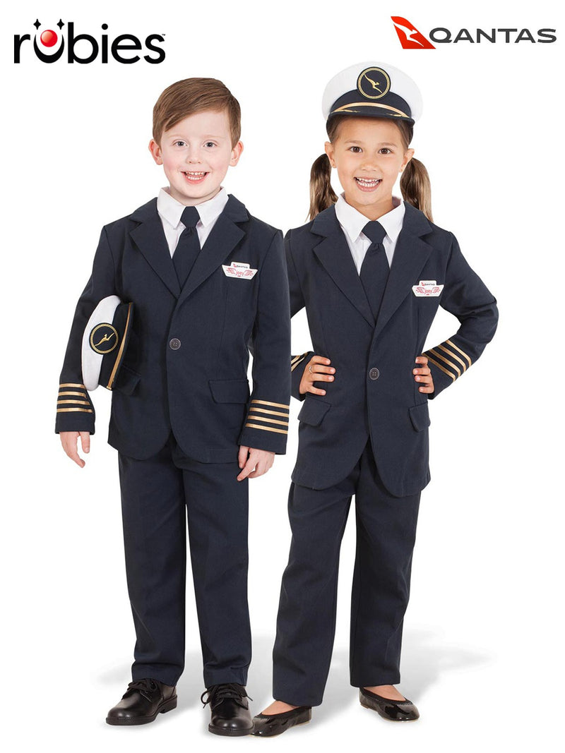 Kids Qantas pilot costume with navy blazer, gold captain's braids, and Joey Club logo patch