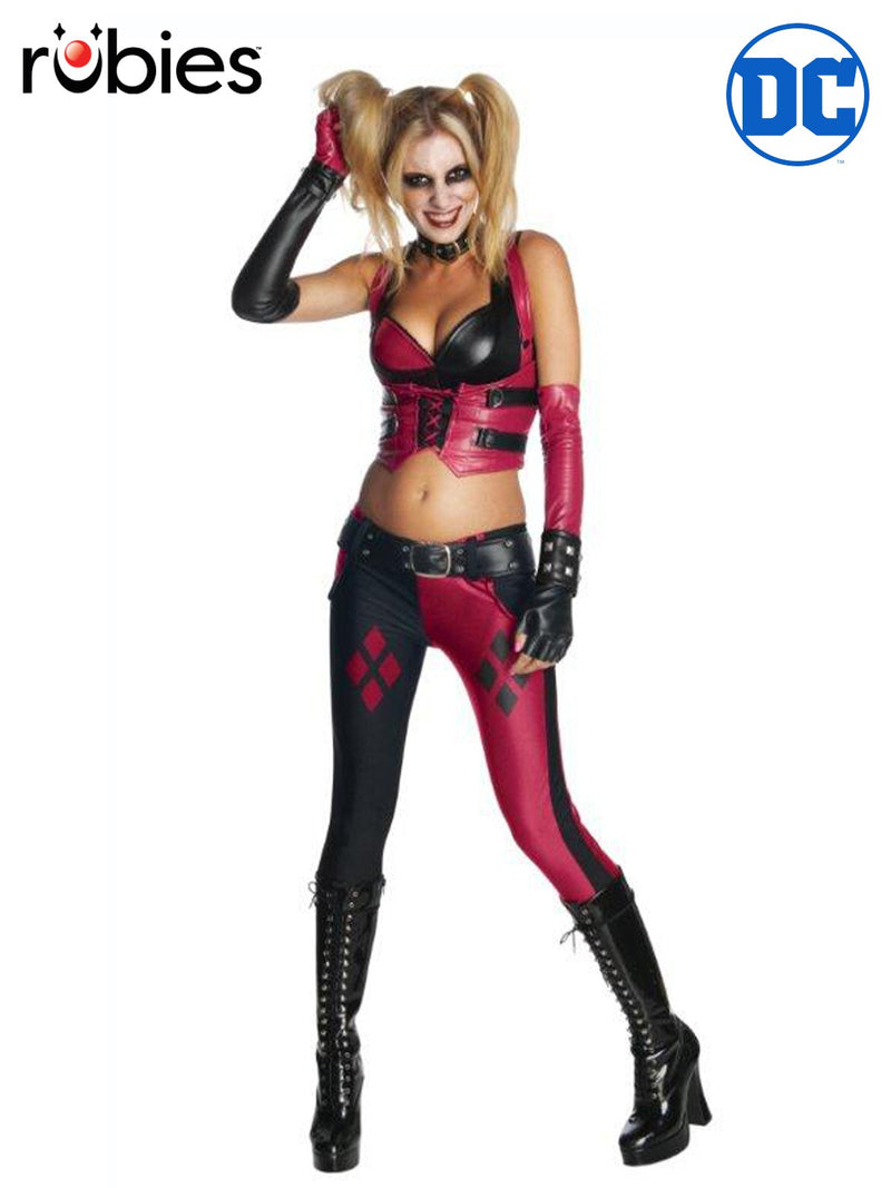 Womens Harley Quinn costume with red and black bustier and diamond-patterned pants