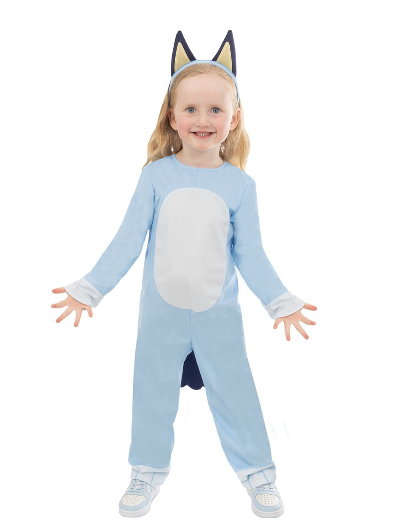 Toddler wearing Bluey costume with blue jumpsuit, tail, and character ears headband