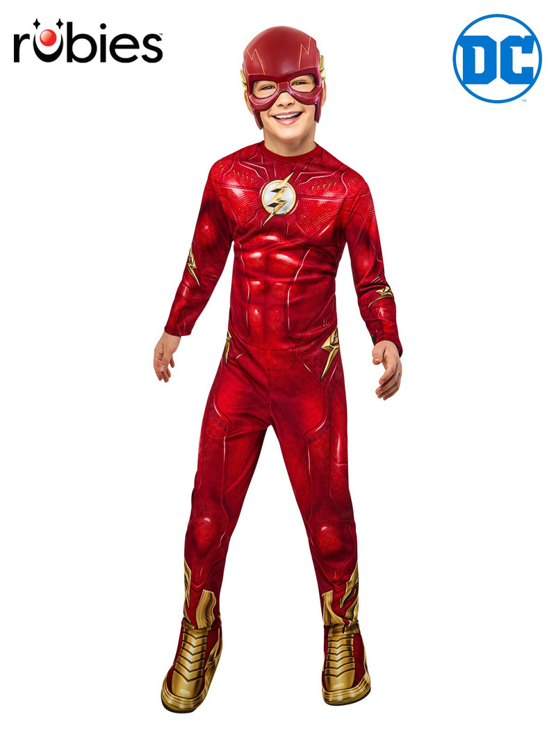 Kids The Flash costume red metallic jumpsuit with gold lightning bolt emblem and muscle print