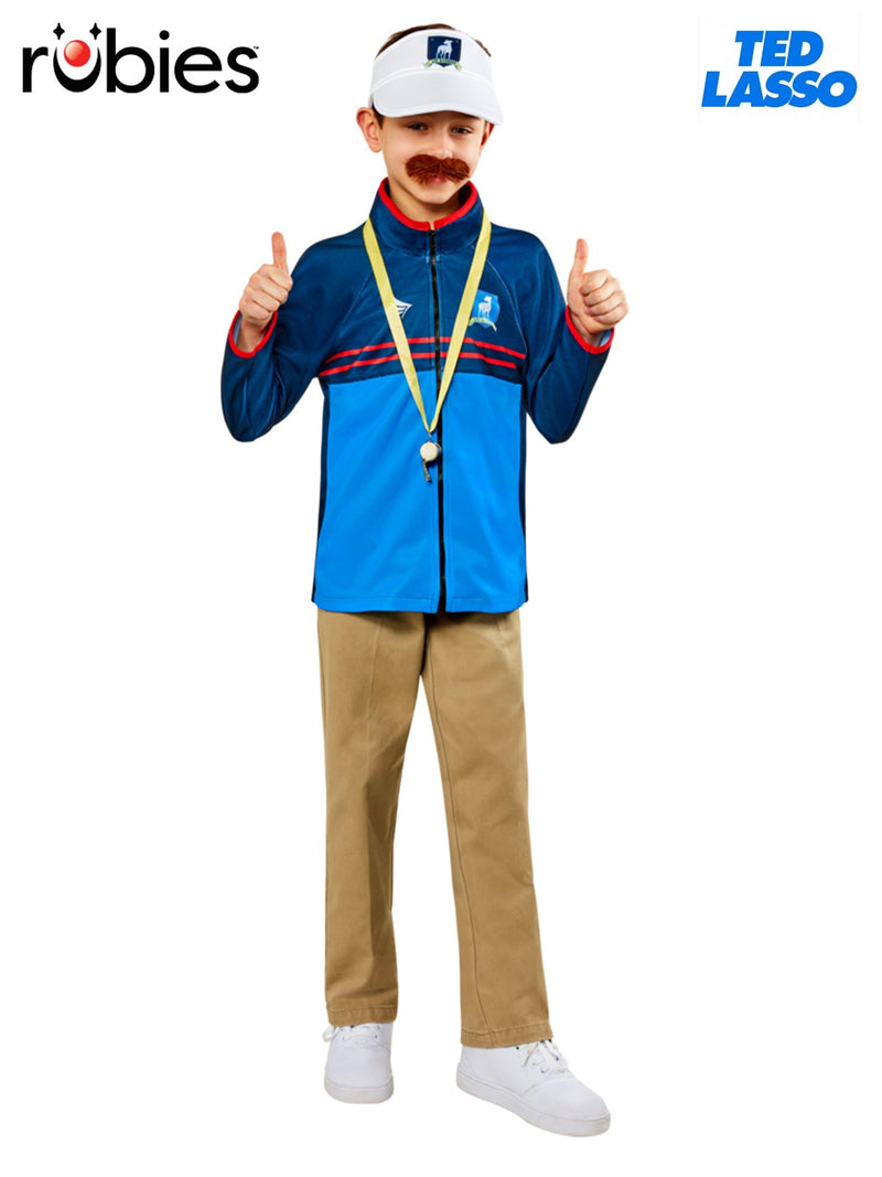 Kids Ted Lasso costume with royal blue coach jacket, white visor, whistle and moustache