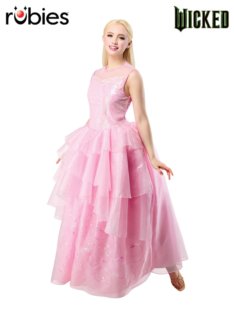 Womens Glinda costume from Wicked showing pink iridescent ball gown with waterfall tulle skirt