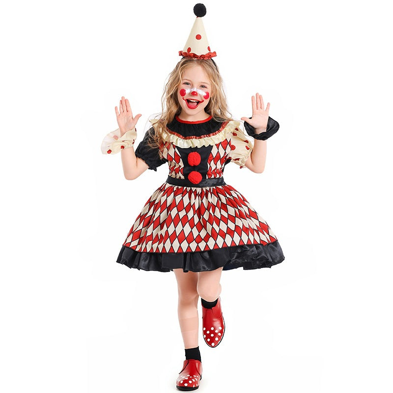 Kids harlequin clown costume with red diamond-check dress and cone hat