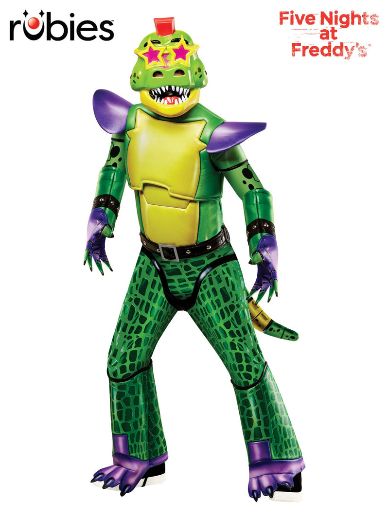 Child wearing bright green Montgomery Gator costume with molded mask and mohawk