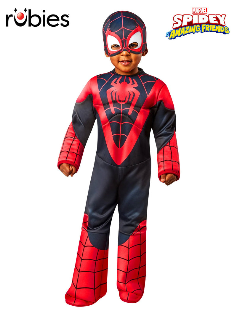 Toddler wearing Miles Morales Spider-Man padded jumpsuit costume with black and red web pattern and foam mask