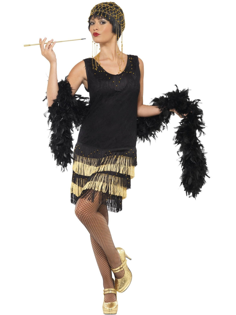 Womens 1920s flapper costume black dress with gold beaded fringe tiers