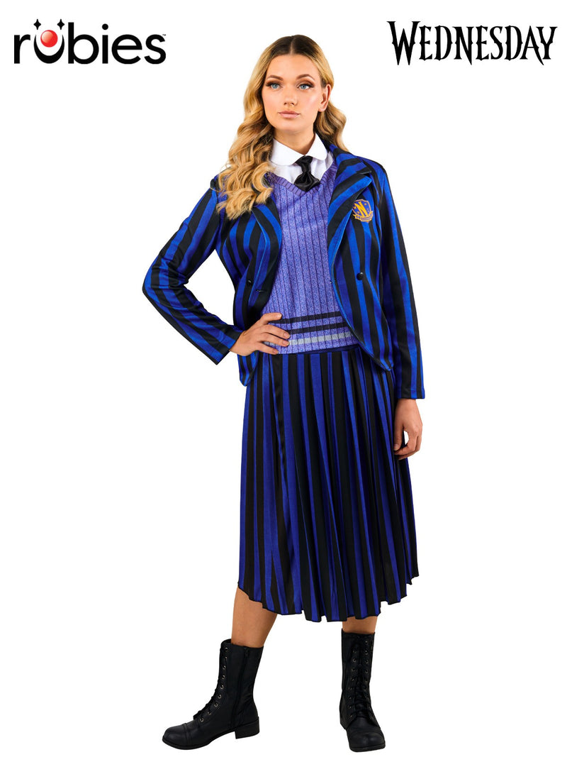 Adult Wednesday Addams Nevermore Academy costume with blue pinstripe jacket and purple vest