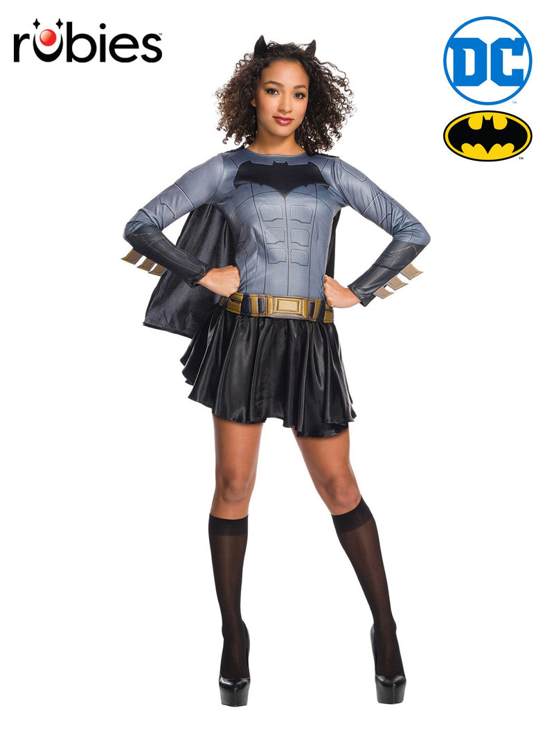 Womens Batgirl costume dress with grey digital armour print, black cape and bat ear headband