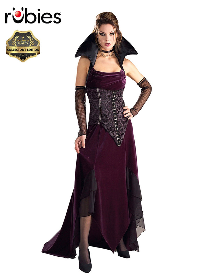 Womens Gothic Vampire Countess costume - full-length purple velvet dress with black satin collar and corset overlay