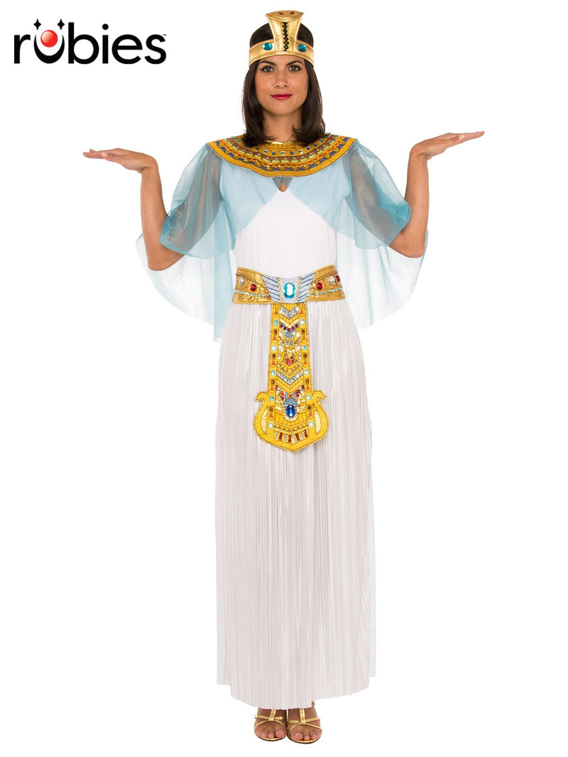 Womens Cleopatra costume with white pleated gown and gold Egyptian collar