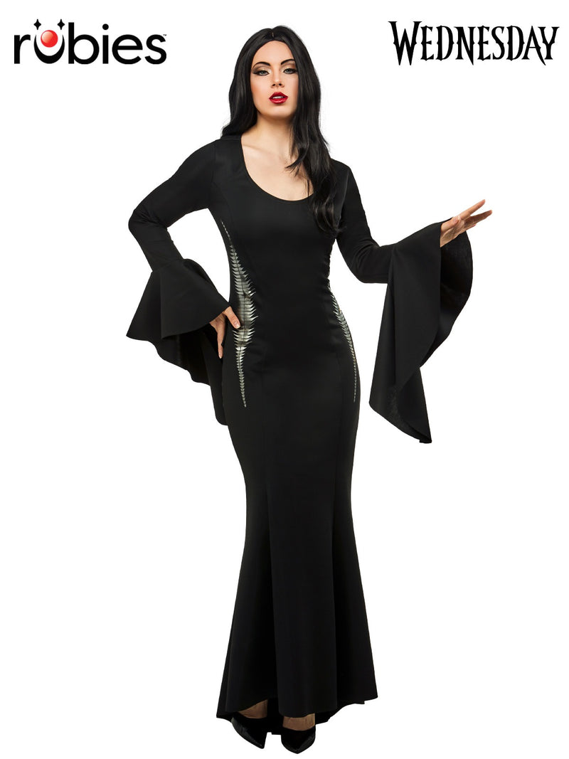 Womens Morticia Addams Costume - floor-length black gown with trumpet sleeves front view