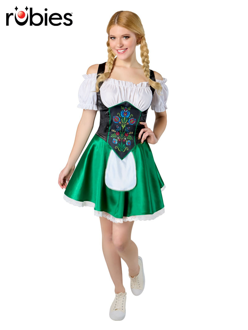 Womens emerald green Bavarian dirndl costume with off-shoulder white sleeves and floral embroidered bodice