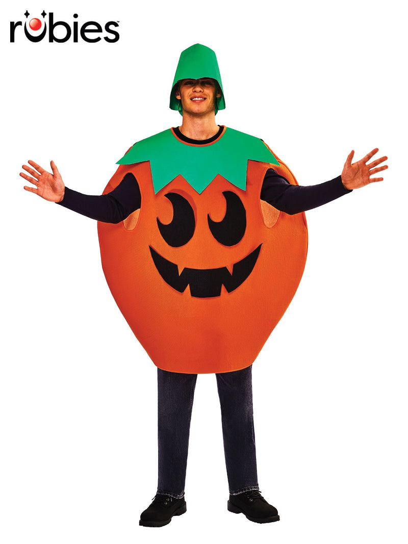 Adult wearing orange pumpkin tabard costume with green stem hat and happy jack-o'-lantern face